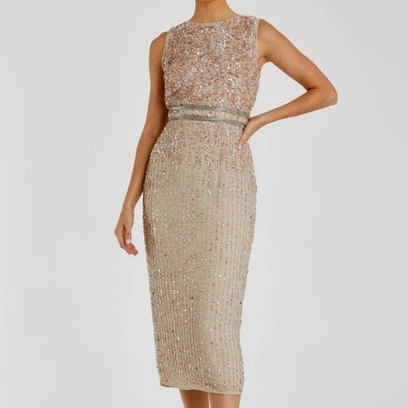 Mac Duggal Sequin Embellished nude Beige Midi sheath Dress 10 special occasion - Picture 1 of 5
